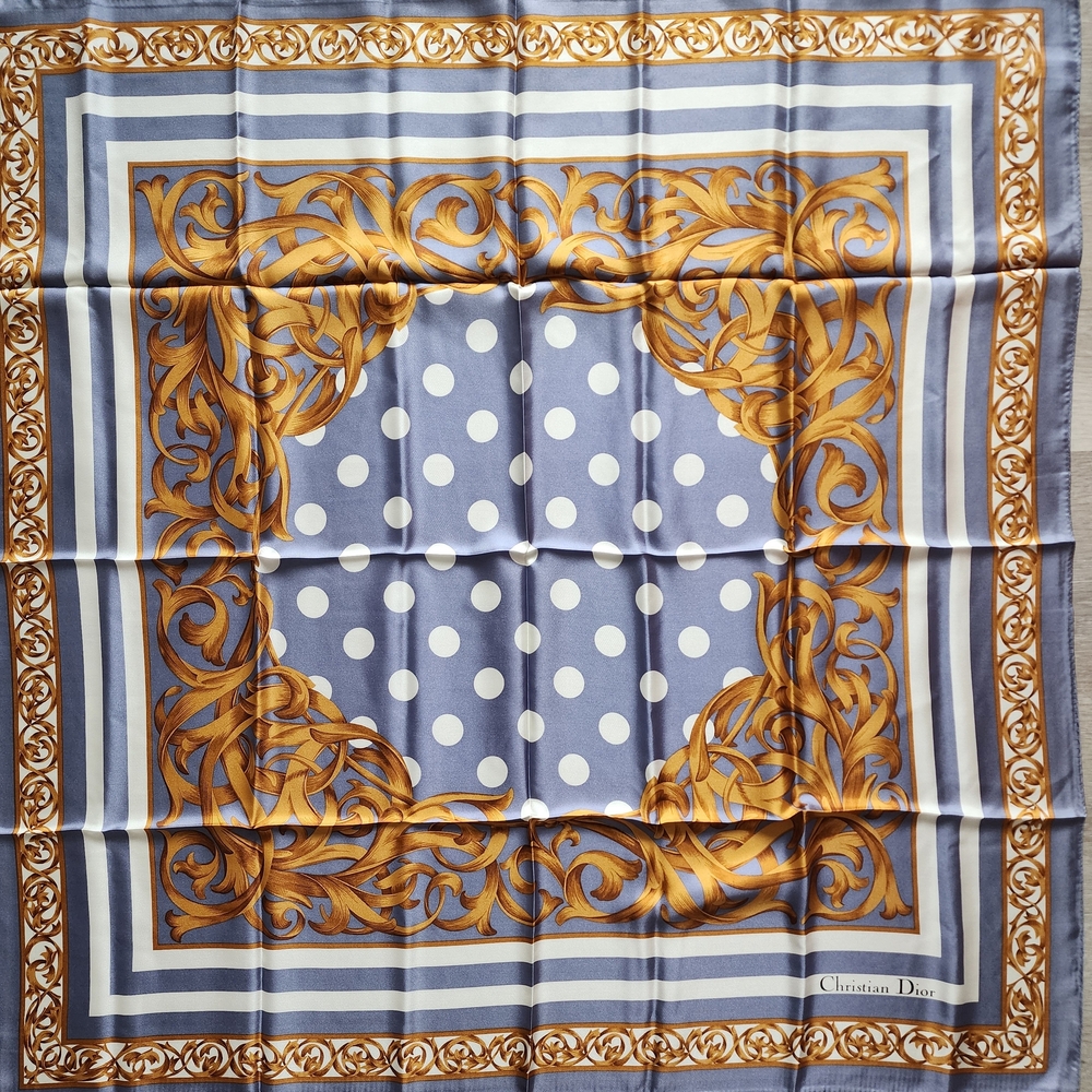 Auth Dior Floral Baroque And Polka Dot Silk Scarf - Picture 4 of 9